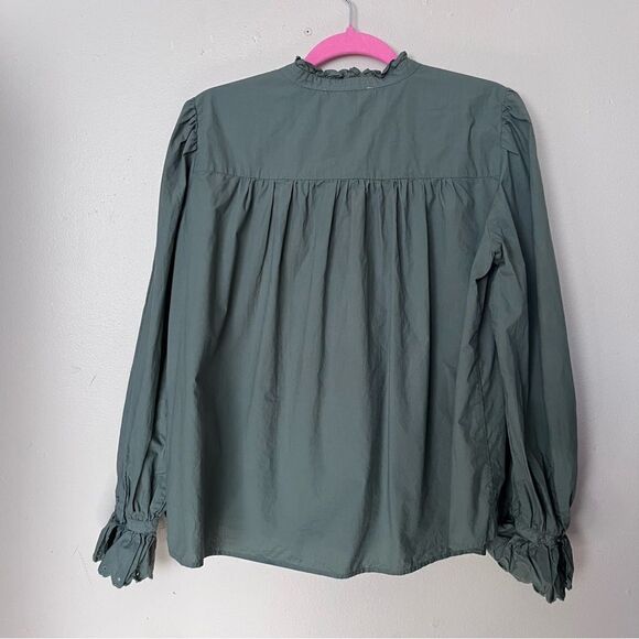 Gerard Darel Ruffled Embroidered Blouse in Olive Green - Picture 2 of 5